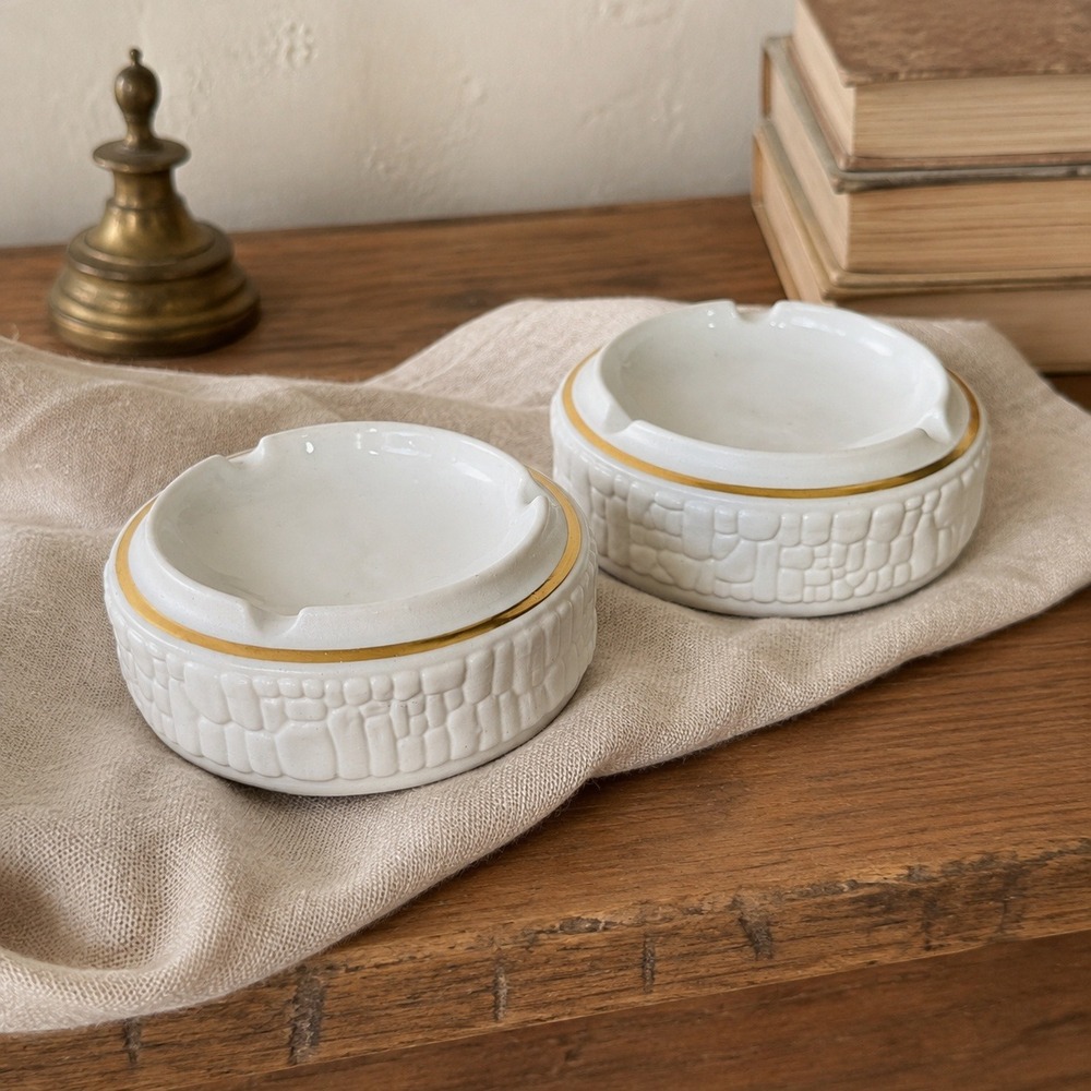 Vintage Italian Porcelain Ashtrays Set of 2 White Gold MCM Made in Italy Barware
